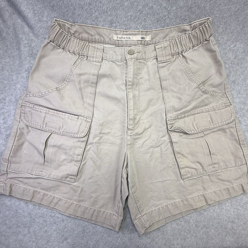 Savane Cargo Shorts Women Size 34W Tan Hook & Loop Pockets Comfort Elastic Waist